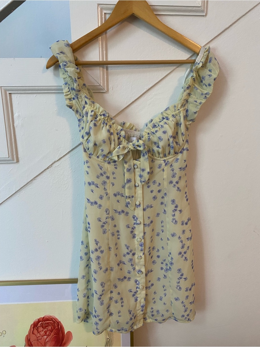 Reformation Yellow Mini Dress with Lavender Floral Print